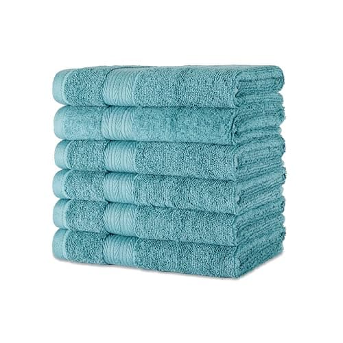 Image of Amazon Basics Towel Set, Fade Resistant 100% Organic Cotton, soft and absorbent Hand Towels for Bathroom, 41 x 66 cm, Teal, 6-Pack