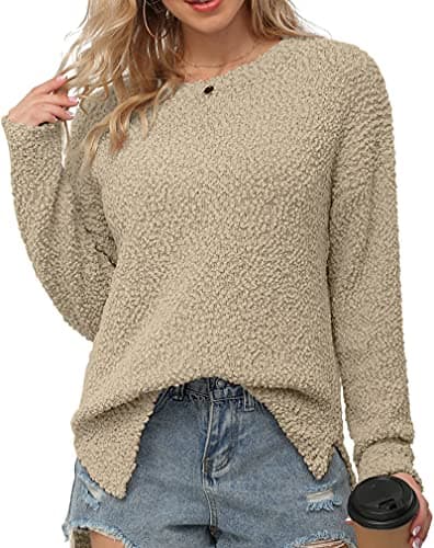 Image of GRECERELLE Womens Chunky Knit Jumper Sherpa Fleece Fuzzy Fluffy Sweatshirt Ladies Casual Crew Neck Tunic Sweaters Winter Autumn Spring Warm Soft Pullover Tops for Women (Khaki, M)