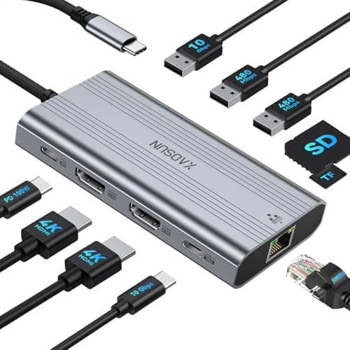 Image of XAOSUN USB C Docking Station Dual Monitor,10 in 1 USB C Hub 2 HDMI 4K@60Hz,10Gbps USB3.1 Data Ports,100W PD,Gigabit Ethernet,SD/TF,Type C Thunderbolt 4 Dock for Laptop Macbook HP Dell Surface
