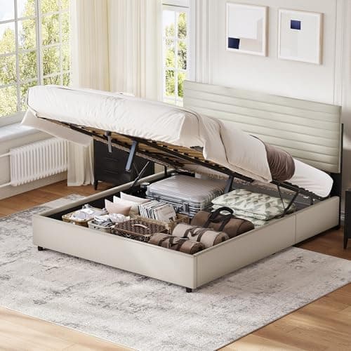Image of Besbed Upholstered Double Bed Frame with Storage, Ottoman Bed with Hydraulic, 4FT6 PU, Double Bed Frame for Adults and Teenagers, 135x190cm,(No Mattress)