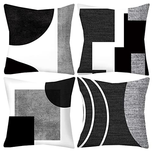 Image of LOHDALOLF Black and White Grey Cushion Covers 50x50 cm Set of 4 Geometric Cushion Cases Modern Abstract Decorative Pillow Covers for Sofa Couch Home Decor