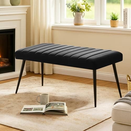Image of LEMROE Velvet Padded Dining Bench, Vintage End of Bed Upholstered Seat with Metal Legs for Entryway, Window Seat for Bedroom Living Room, 100cm (Black)