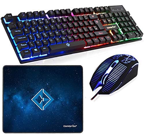Image of Combrite Raptor Gaming Keyboard And Mouse Set With Large Mouse Pad, Rainbow LED, USB Wired Desktop Combo, UK Layout, For Desktop PC, Laptop, PS4, PS5, Xbox One, Black (Black)