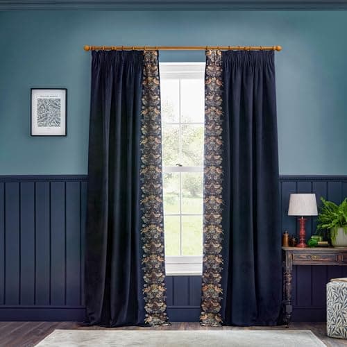Image of Morris&Co. Strawberry Thief Pencil Pleat Curtain Pair – Iconic Bird & Floral Embroidered Lined Velvet Drapes (Indigo - 168x229cm)