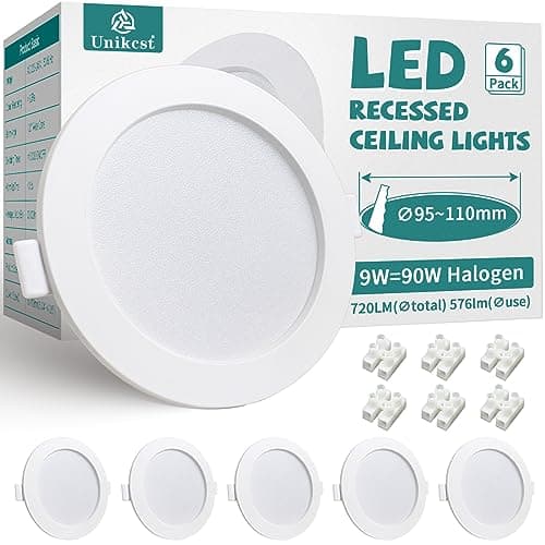 Image of Unikcst 6X 9W LED Downlights Ceiling Spotlights Ultra Slim Recessed Down Lights Cool White 6000K, Round White Downlighters Indoor Spot Lights 240V for Bedroom Kitchen Living Room, Cutout Ø95-110mm