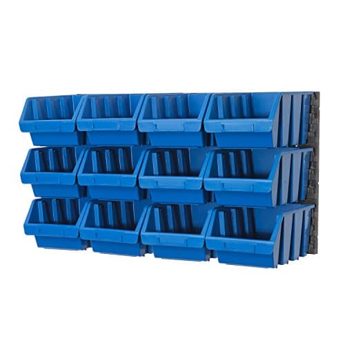 Image of Storage bins with wall mounted panel - 12 large blue bins