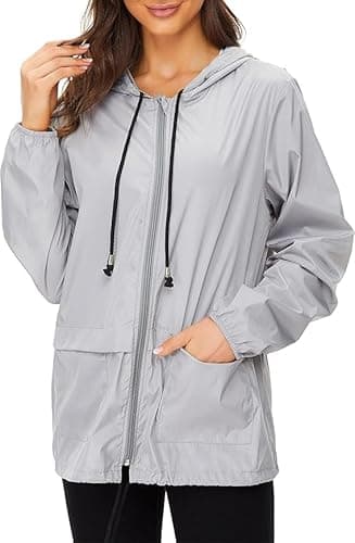 Image of Zando Women's Lightweight Packable Rain Jacket Waterproof Hooded Windbreaker Foldable Outdoor Raincoat with Pockets for Hiking Cycling, Grey, 4XL