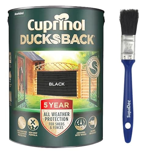 Image of Cuprinol 5L Ducksback Fence and Shed Paint – Black with SupaDec Paint Brush | 5 Year Weatherproof Wood Treatment | Non-Drip, Quick Drying, Waterproof Finish for Outdoor Timber