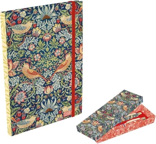 Image of William Morris Strawberry Thief A5 Notebook & Pen Set – Ruled Journal with Elastic Closure, Matching Pen, Arts & Crafts Floral Design Stationery Gift for Work & Study