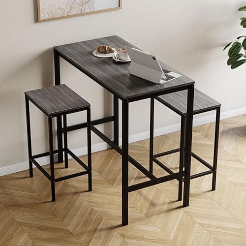 Image of Vida Designs Roslyn 3-Piece Table Set with 2 Stools/Chairs, Compact Design for Dining, Kitchen, Breakfast Bar, Apartment, Balcony, Garden with Industrial Steel Frame, H90xW100xD35cm (Grey)