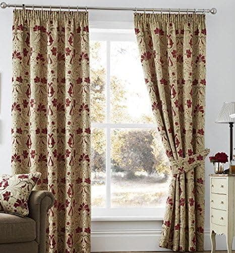 Image of Curtina Burford Floral Jacquard Damask TAPESTRY Pencil Pleat Lined Curtains, Red/Gold.168 cm wide by 214 cm drop-(66 INCHES WIDE by 84 INCHES DROP)