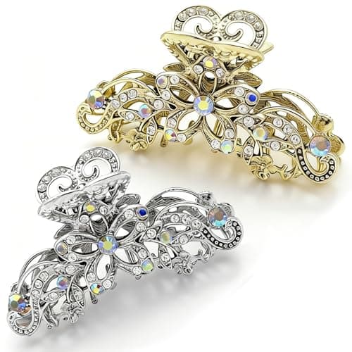 Image of 2 PCS Vintage Hair Claw Clips, Shiny Rhinestone & Floral Metal Grip with Non-Slip Teeth, Hollow Metal Hair Grip, Elegant Bridal Wedding Hair Accessories for Women & Girls (Golden & Silver)