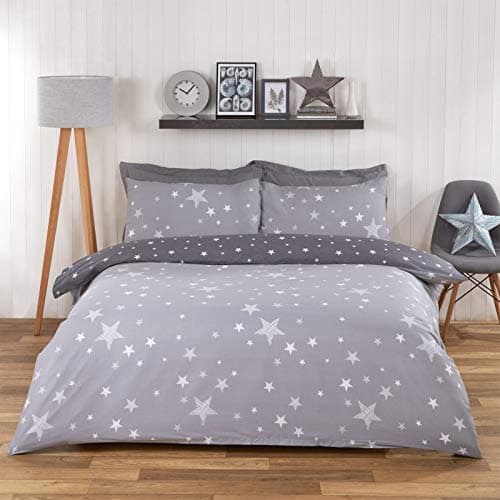 Image of Dreamscene Galaxy Stars Duvet Cover with Pillowcase Kids Reversible Charcoal Bedding Set, Silver Grey, 3pcs, Double