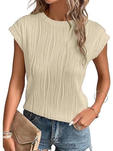 Image of Women's Crinkle Short Sleeve Top Casual Ruffled Blouse Loose Fit Summer Textured Tee Shirt(Apricot-p1,S)