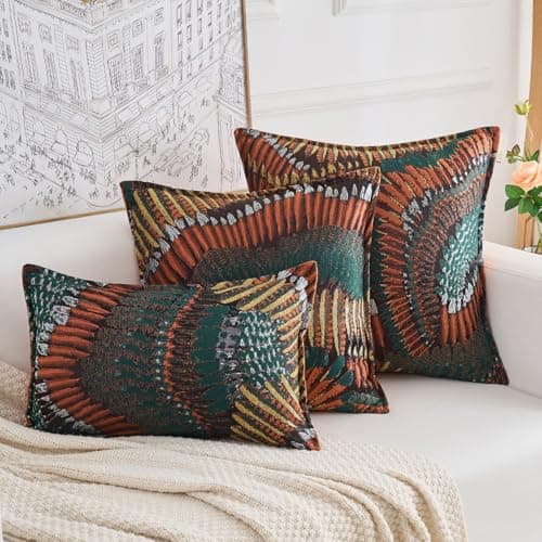 Image of Yonous Premium Series Nature-Inspired Feather Wing Cushion Covers, Premium Polyester & Dutch Velvet Throw Pillow for Home Décor, Covers Only, Terracotta Sunrise, 18x18 Inch / 45 x 45 cm
