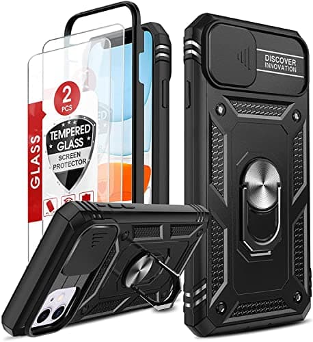 Image of LeYi for iPhone 11 Case and 2 Tempered Glass Screen Protector with Slide Camera Cover,Ring Holder Stand Full Body Protective Heavy Duty Shockproof Silicone Bumper Tough Hard Armour Phone Cover, Black
