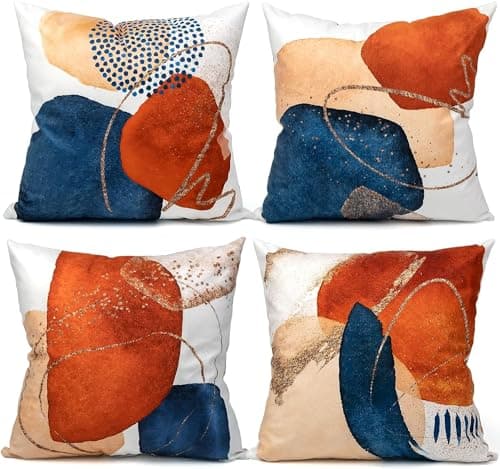 Image of NDMMSO Boho cushion covers 18x18 Set of 4 Mid Century Modern Decorative Throw Pillows Navy Blue Burnt Orange Cushion Pillowcases for Couch Sofa Bedroom Abstract Geometric Home Decor