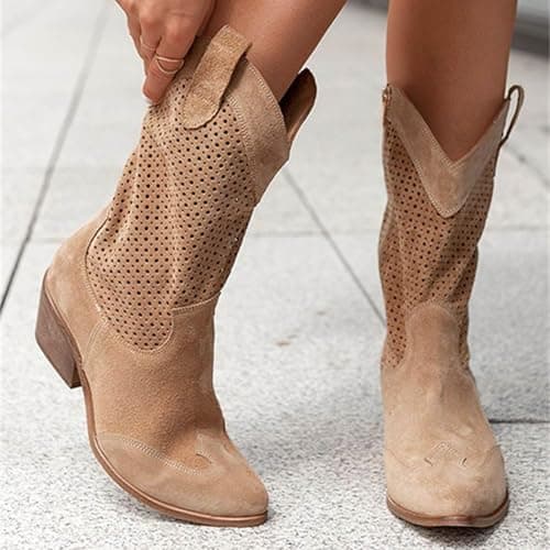 Image of Cowboy Boots for Women Mid Calf Wide Fit Suede Ankle Boots Pointed Toe Low Heel Booties Slip On Mid Calf Booties With Buckle Comfortable Walking Winter Warm Shoes
