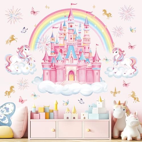 Image of decalmile Fairy Castle Wall Stickers Rainbow Unicorn Butterfly Clouds Wall Decals Girls Bedroom Baby Nursery Daycare Wall Decor