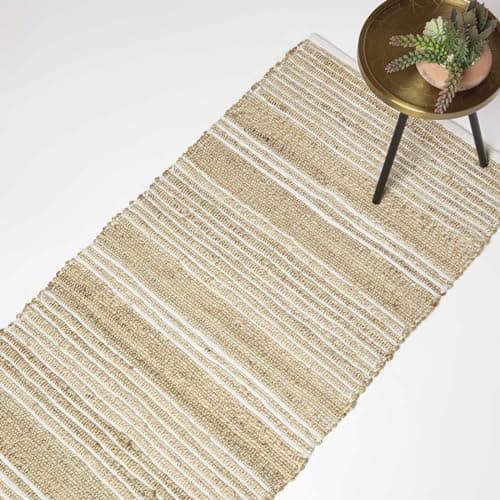 Image of HOMESCAPES Handwoven Natural & Cream Striped Rug Carpet Runner for Hallway 66 x 200 cm Cotton & Jute Rug ‘Arlyn’ with Traditional Stripe Pattern