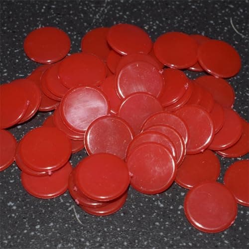 Image of 15mm plastic games counters. pack of 50 counters. Each counter measures 15mm x 1.3mm thick (Red)