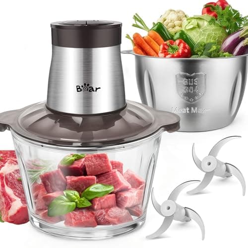 Image of Bear 2L+1.8L 600W Electric Food Processors & Chopper with Glass Container and 304 Stainless Steel Container, 2 Speed Settings, 4 Stainless Steel Blades for Chopping Meat, Baby Food, Fruit, Vegetable
