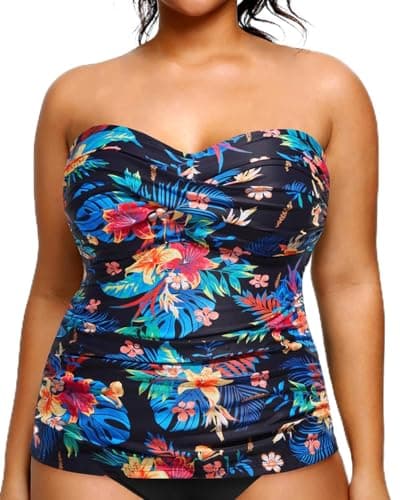 Image of Aqua Eve Plus Size Tankini Top Only Bandeau Swim Top Strapless Swimsuit Top Twist Front Bathing Suit Top No Bottom, Black Flower, 22 Plus