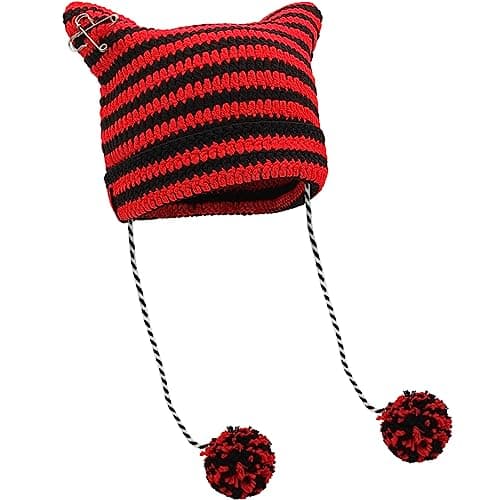 Image of XYIYI Black Red Crochet Hats for Women Fox Knit Hat with Pompoms Vintage Beanies for Women