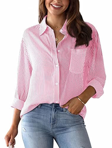 Image of Women's Tops Elegant Long Sleeve V Neck Striped Blouse Shirts with Buttons Casual Office Work Blouses Cotton Stylish Tunic Shirt Tops Basic Longline Shirts Pink XL