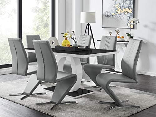 Image of Furniturebox UK Dining Set - Giovani Modern Black/White High Gloss Glass Dining Table Set and 6 Premium Willow Chairs Set (Dining Table + 6 Elephant Grey Willow Chairs)