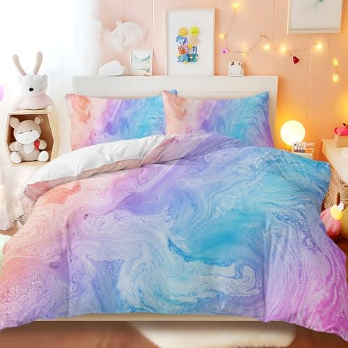 Image of BlessLiving Double Bed Sets for Girls Gradient Pastel Duvet Cover Set 3-Piece Ombre Bedding Cute Marble Pattern for Kids Teens, Pink Blue and Purple, 1 Duvet Cover & 2 Pillowcase (Double)
