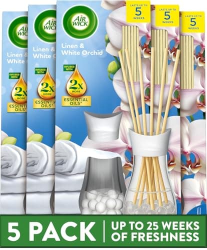 Image of Air Wick Reed Diffuser Multipack, Linen and White Orchid, Pack of 5 x 25 ml, 5 Weeks of Long-Lasting Freshness, Elegant Home Decor, Neutralizes Odors, Enhances Room Ambiance, Air Freshener