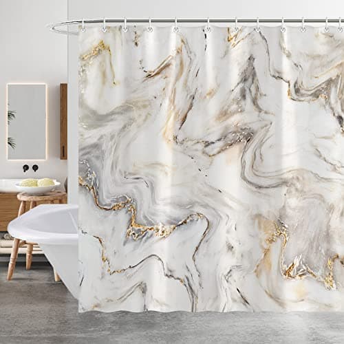 Image of Minicoco Shower Curtain Mould Proof Mildew Resistant Bathroom Shower Curtains Waterproof Shower Curtain 100% Polyester Marble Shower Curtains with 12 Hooks, 180 x 180 cm (Marble)
