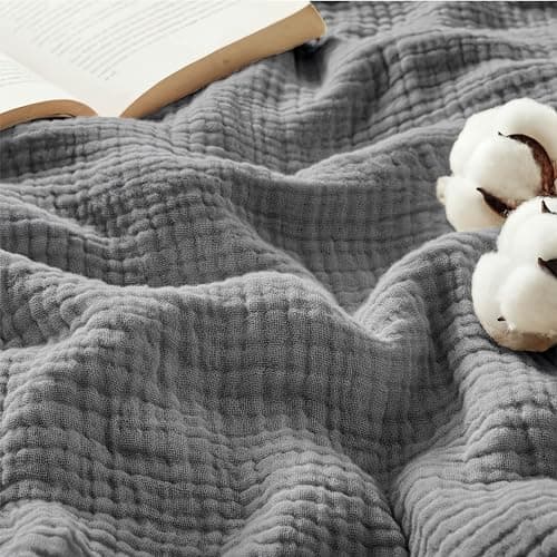 Image of Bedsure 100% Cotton Muslin Throw Blanket - Soft Cozy Muslin Gauze Summer Cooling Blanket, 4-Layer Breathable and Lightweight Throws for Sofas Couch Decor, Grey, 130x150 cm