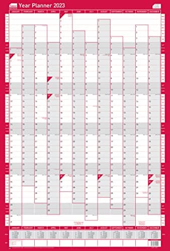 Image of Sasco 2023 Compact Year Wall Planner Portrait with wet wipe pen & sticker pack, Red, Poster Style, 405mmW x 610mmH. 2410197