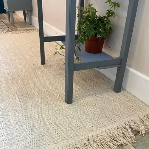 Image of Second Nature Online - TARKARLI Small Cotton Rug | Ivory Cream | Textured Blanket Style Indian Mat with Fringes | Hand Woven | Eco-Friendly (Rectangular: 60x90 cm)