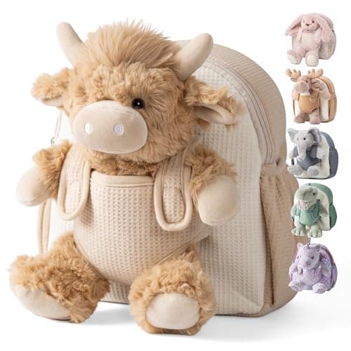 Image of Moonkie Hug & Go Toddler Backpack, Highland Cow Kids Bag with Detachable Toy, Soft Plush Children's Backpacks, School Bags with Adjustable Straps, Perfect Toys for 1 2 3 Year Old Boy Girl Gifts