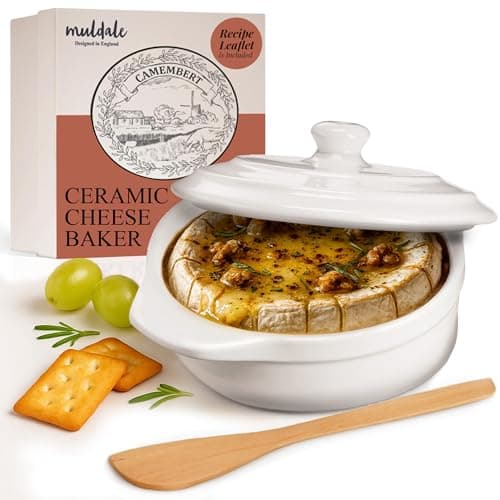 Image of Muldale Camembert Baking Dish with Lid Gift Set - Cheese Baker in White - Lead Free Brie Baking Dish - Ceramic Camembert Baker - 14cm - With Spreader and Box