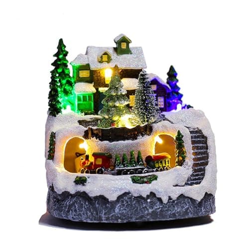 Image of GIVOKE Musical Christmas Village Houses with Light, Rotating Train Light Up Village Scene Resin Christmas Houses Decorations (Battery Required) (Xmas tree)