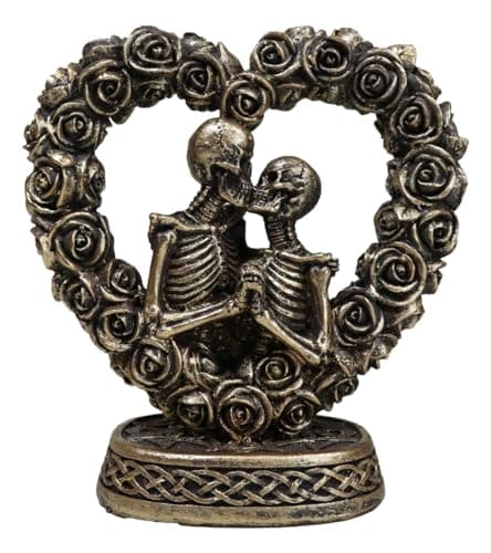 Image of Ebros Gift Love Never Dies Wedding Roses On Heart Wreath Skeleton Couple Faux Bronze Figurine 'Until Death Do Us Part' Day of The Dead DOD Bridal Vow Ossuary Macabre Graveyard Boudoir Accent