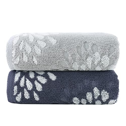 Image of Pidada Hand Towels Set of 2 Hydrangea Floral Pattern 100% Cotton Absorbent Soft Decorative Towel for Bathroom 34 x 75 cm (Light Grey & Denim Blue)