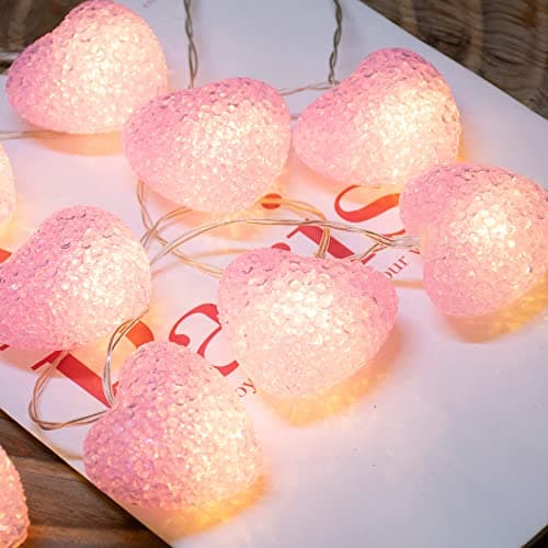 Image of Pink Heart Fairy Lights Battery Operated 2m 10 LED String Lights with Timer, Love Heart Decoration for Girls Room Wedding Party Mother's Day Valentine Decor -Warm White