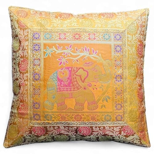 Image of Original Kikan Indian Elephant Mandala Silk Cushion Covers Sari Brocade Boho Home Decor Cushion- Pillow Cases 16”x16” Zip Closure Banarsi | Ethnic - Handmade - Patchwork (Canary Gold)