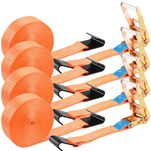 Image of TLGREEN 4 Pack 2 in x 27 FT Flat Hook Ratchet Straps (11,000 lbs Break Strength), Heavy Duty Tie Down Straps for Trucks (Orange)