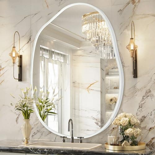 Image of HLFMVWE Large Asymmetrical Wall Mirror Aluminum Alloy Frame Irregular Bathroom Mirrors Brushed Metal Vanity Wall Mounted Mirror for LivingRoom Bedroom Entryway Decor White 55X75 CM