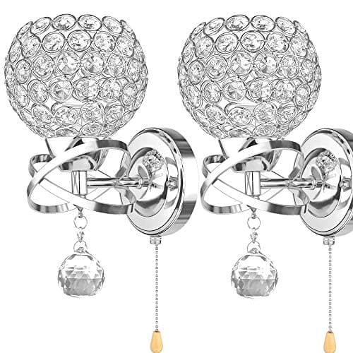 Image of ALLOMN Modern Style Wall Lamp, Crystal Pendant Walls Lamp Bedroom Aisle Living Room Wall Lamps Holder E14 Socket (Bulb Not Included) (With Pull Switch, 2 Pack)