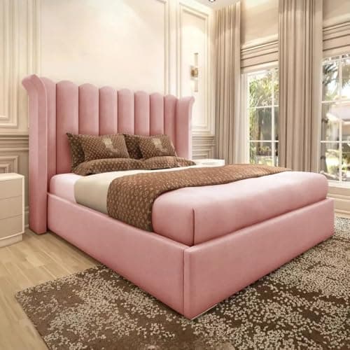 Image of 6FT Super King Winged Bed Frame With Mattress And 48" Headboard Upholstered In Pink Plush Velvet Wooden Slats – No Storage (Pink Plush, 6FT Super King Bed With Mattress)