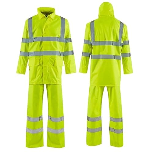 Image of Hi Vis Waterproof Rainsuit 2 Piece Jacket & Trousers Set – High Visibility Workwear Safety Rain Suit Overalls Protective Clothing Outdoor Work Unisex Lightweight Synthetic Waterproof Yellow 2XL