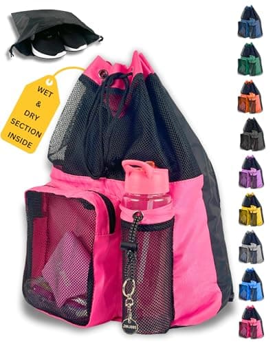 Image of JIMJOOS Drawstring Mesh Swimming Bag - 25L Waterproof Swim Bag with Wet/Dry Compartment, Multifunctional Sports Backpack for Kids, Adults, Swimming, Surfing, Beach, Gym (PINK)