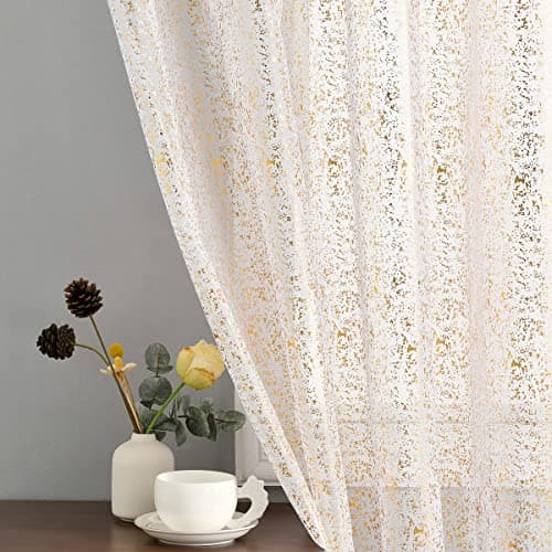 Image of TERLYTEX White and Gold Sheer Curtains - Metallic Sparkle Sheer Curtains, 84 Inch Length for Living Room, Rod Pocket Privacy Glitter Sheer Window Curtains, 52 x 84 Inch, 2 Panels, White and Gold